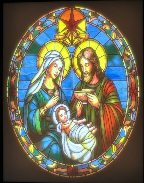 Colorful stained glass lithophane featuring the Nativity Scene with Mary, Joseph, and Baby Jesus.