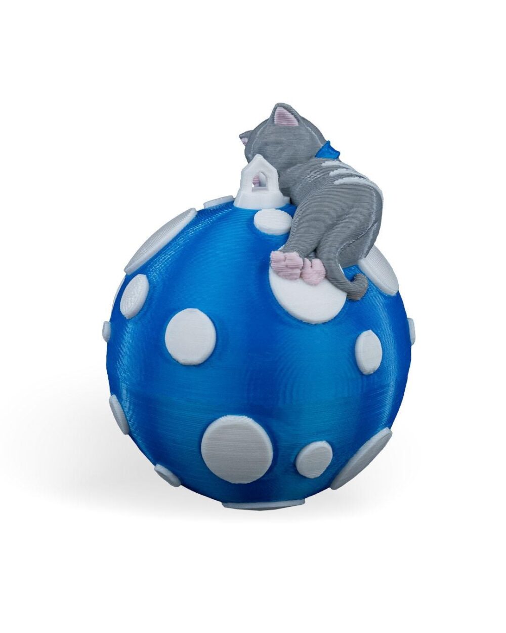 Handcrafted Sleeping Cat Christmas Ornament on blue and white polka-dotted ball | Unique Feline Holiday Decor | Whimsical Festive Keepsake