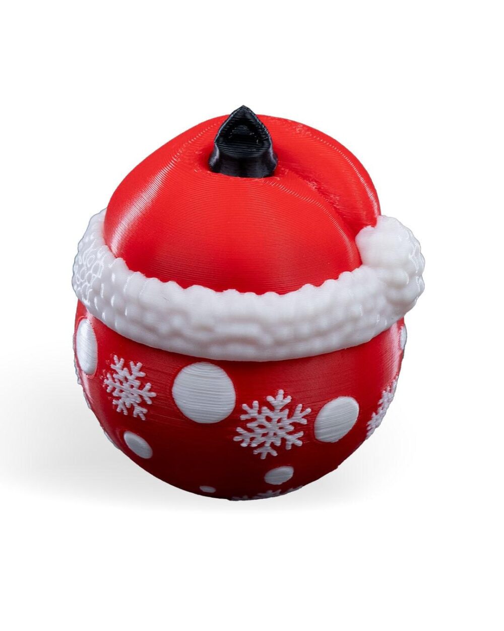 Handcrafted Festive Santa Claus Christmas ornament featuring a red bauble with white snowflakes and polka dots for holiday decor.