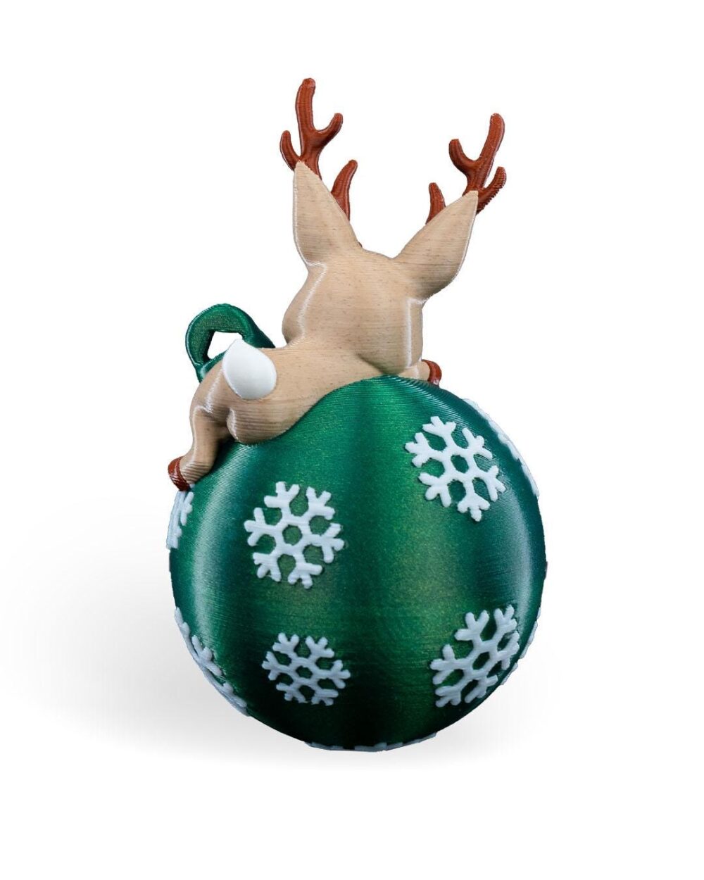 Handmade Lying Reindeer Christmas Ornament – Unique Holiday Decoration with Snowflakes on a green ball.